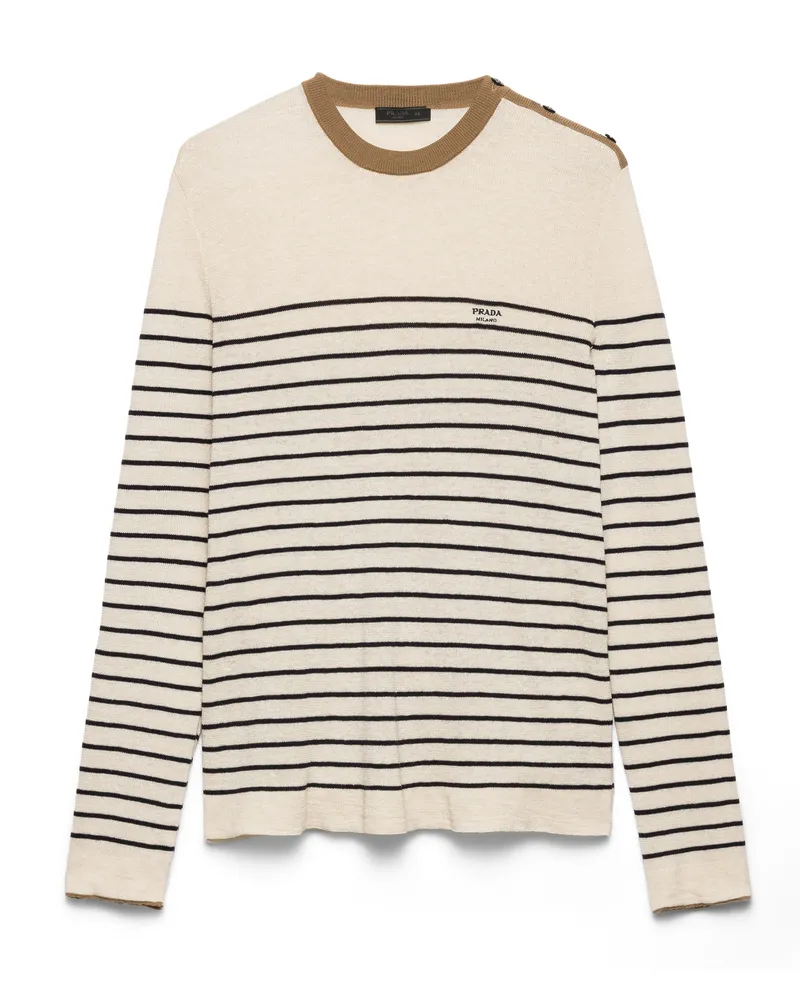 Prada Gestreifter Pullover Aus Leinenmischgewebe Und Baumwoll-strick, Herren, Natur, Größe Natur