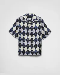 Prada Kurzärmliges Hemd aus Seidentwill mit Argyle-Muster Blau