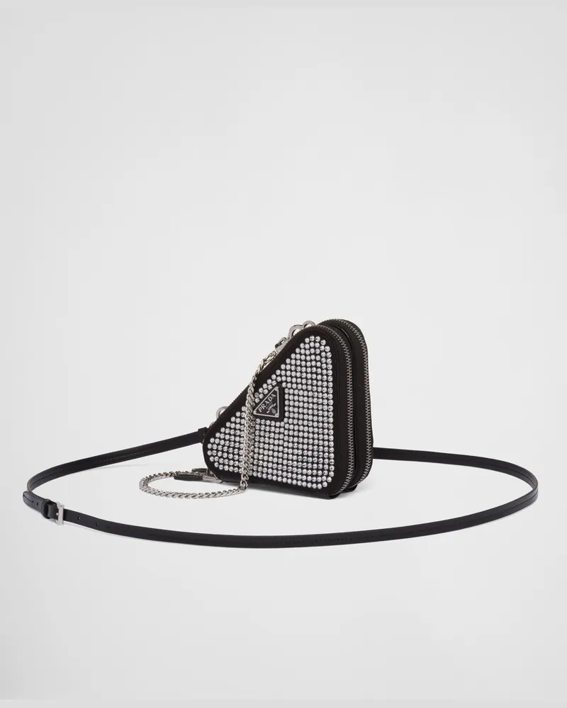 Prada Dreieckige, verzierte Mini-Pouch aus Satin und Leder Kristall