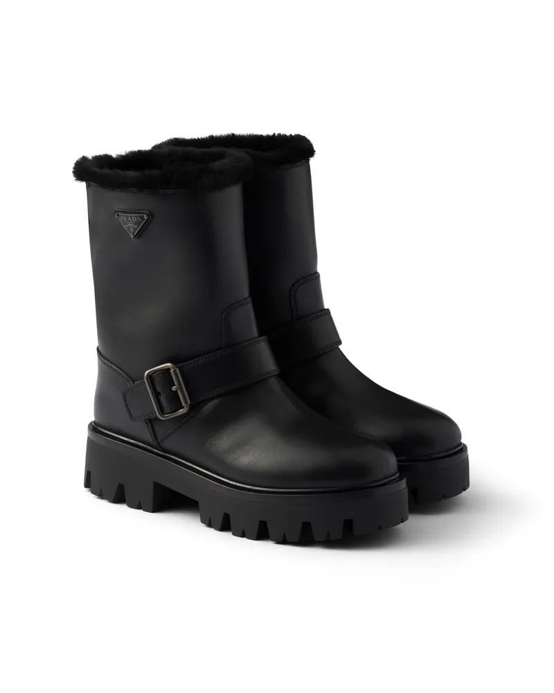 Prada Stiefeletten Aus Leder Und Lammfell, Damen, Schwarz, Größe Schwarz