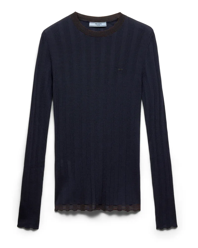 Prada Rundhalspullover Aus Wolle, Damen, Blau/kakaobraun, Größe Blau