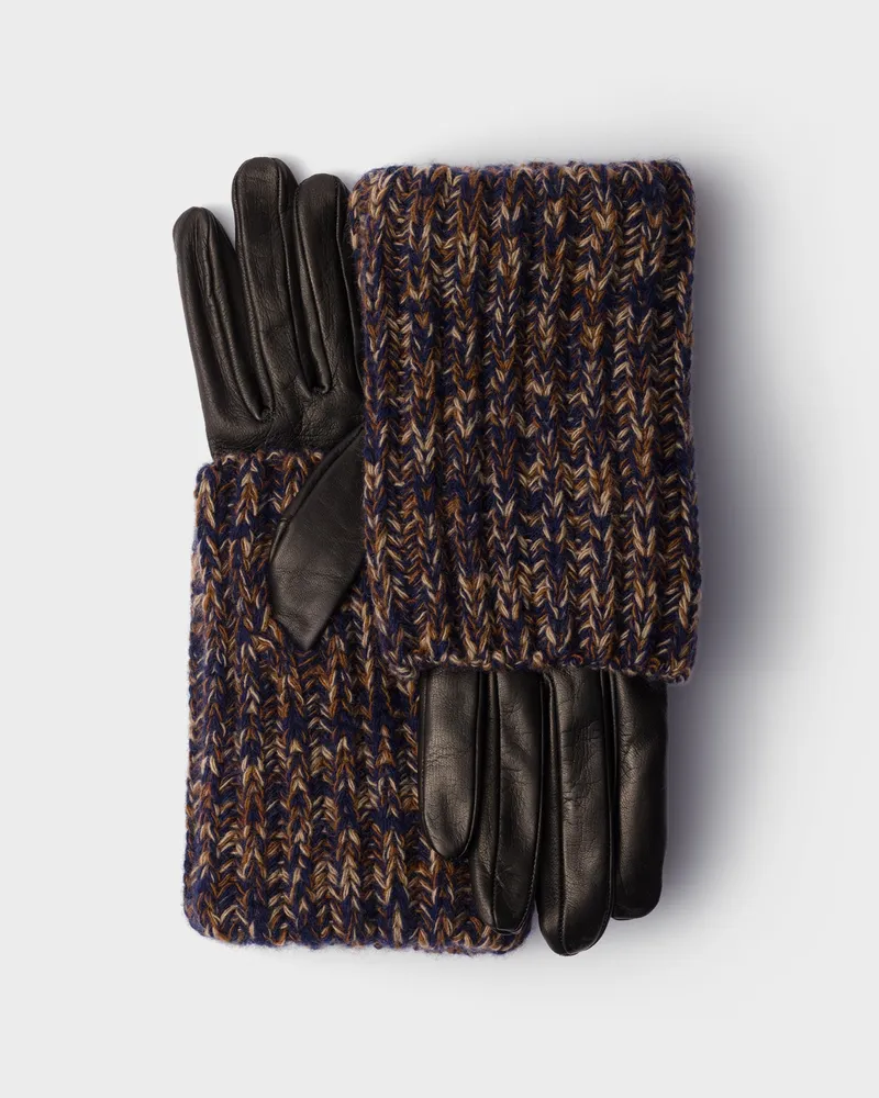 Prada Handschuhe aus Nappa-Leder und Melange-Strick Marineblau