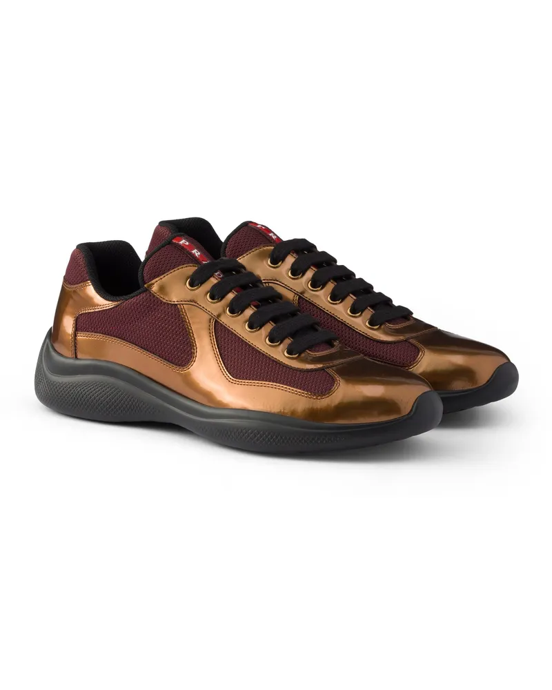 Prada America’s Cup Sneaker Aus Metallic-leder Und Bike-gewebe, Herren, Messing/bordeaux, Größe 13 Messing
