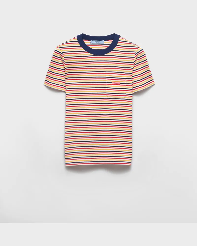 Prada Gestreiftes T-Shirt aus Lisle-Baumwolle Granatapfelgelb