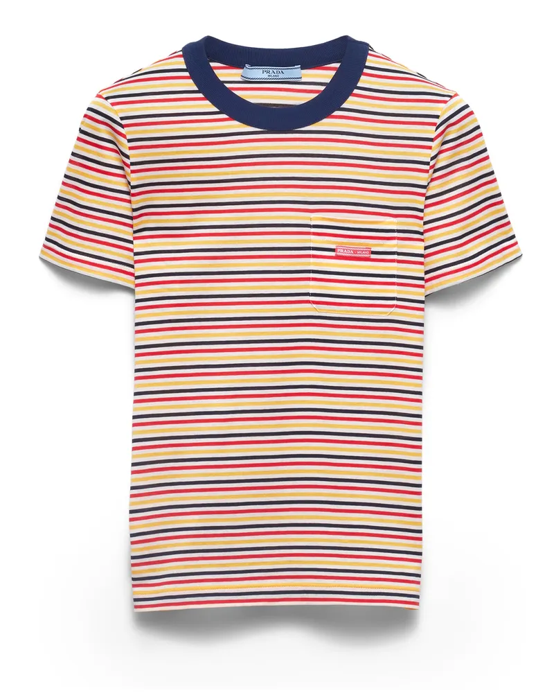 Prada Gestreiftes T-shirt Aus Lisle-baumwolle, Damen, Granatapfelgelb/rot, Größe Granatapfelgelb