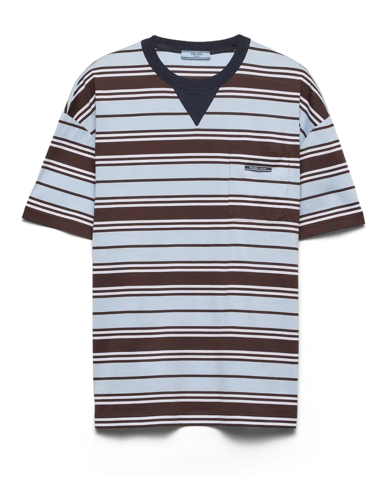 Prada Gestreiftes T-shirt Aus Lisle-baumwolle, Damen, Ebenholz/blassblau, Größe Ebenholz