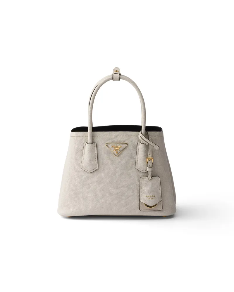 Prada Kleine  Double Tasche Aus Saffiano-leder, Damen, Kalkweiss/schwarz Kalkweiss