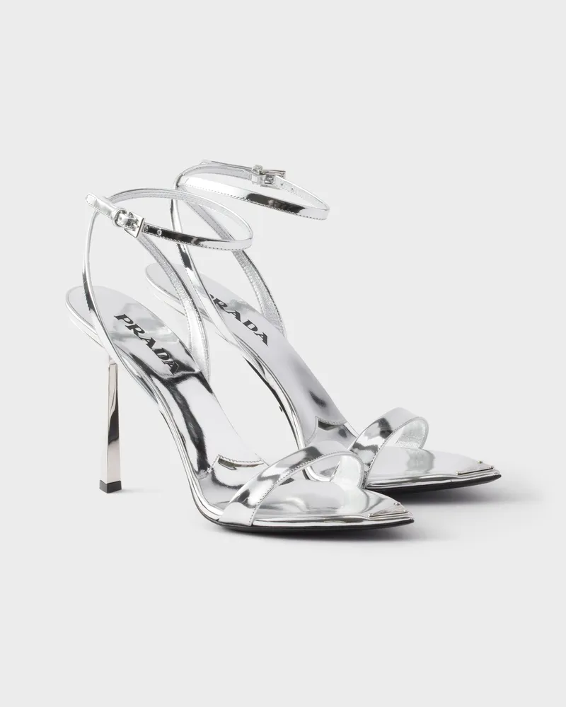 Prada Sandalen aus Metallic-Leder mit Absatz Silber