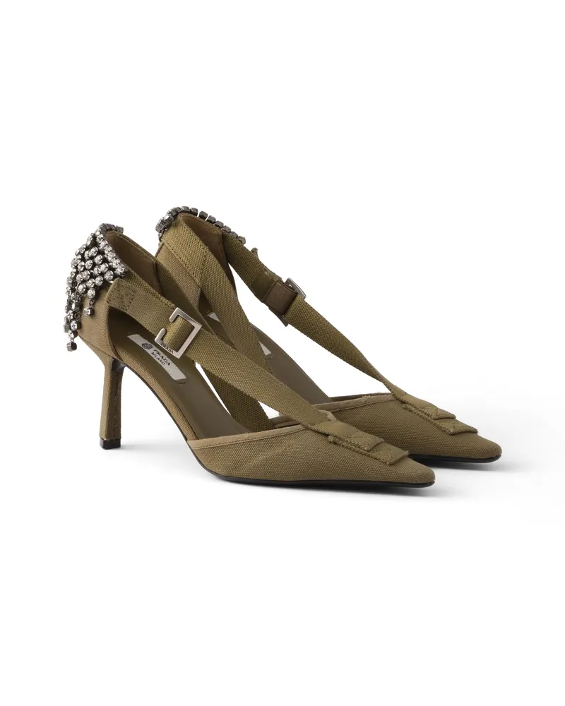 Prada Pumps Aus Canvas Mit Kristallen, Damen, Waldgrün, Größe Waldgrün