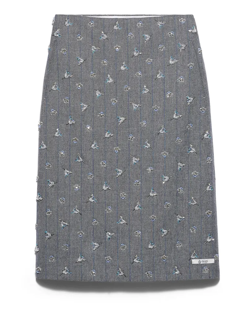 Prada verzierte Midirock Aus Nadelstreifenwolle, Damen, Anthrazitgrau, Größe Anthrazitgrau