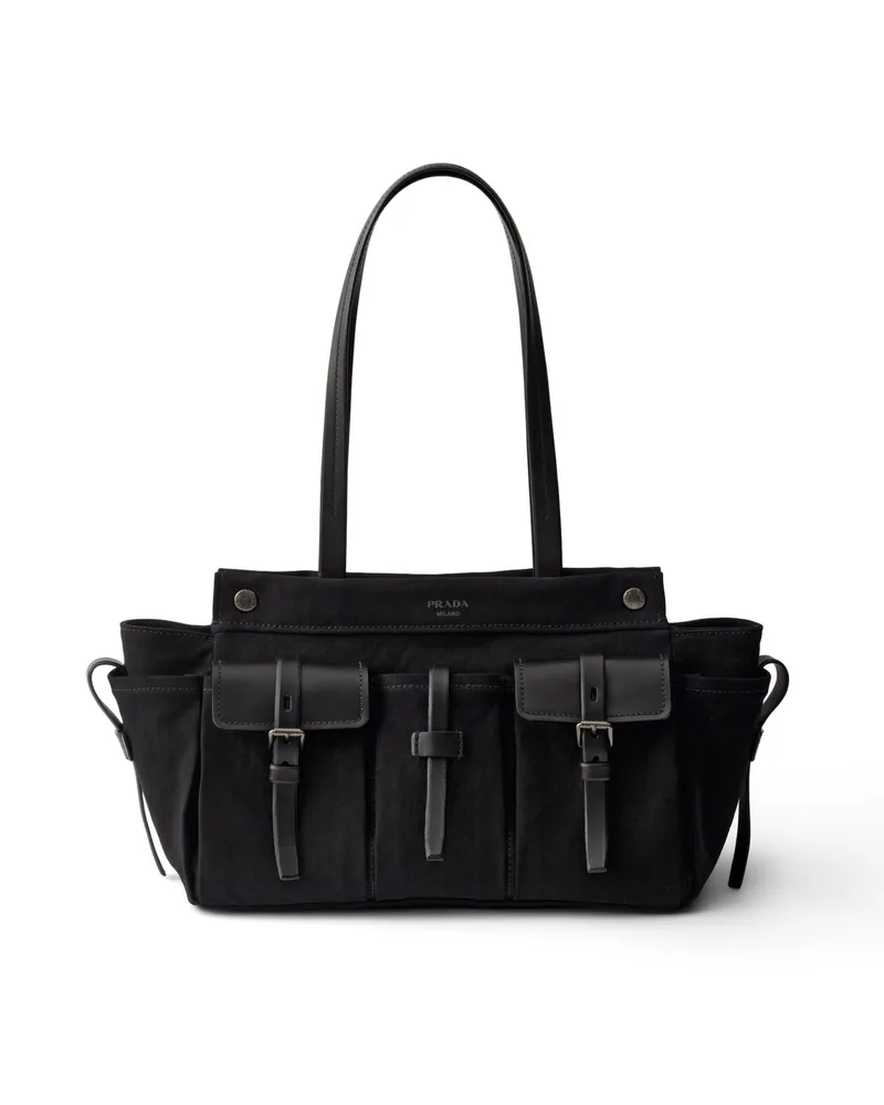 Prada Route Große Tote Bag Aus Canvas Und Leder, Damen, Schwarz Schwarz