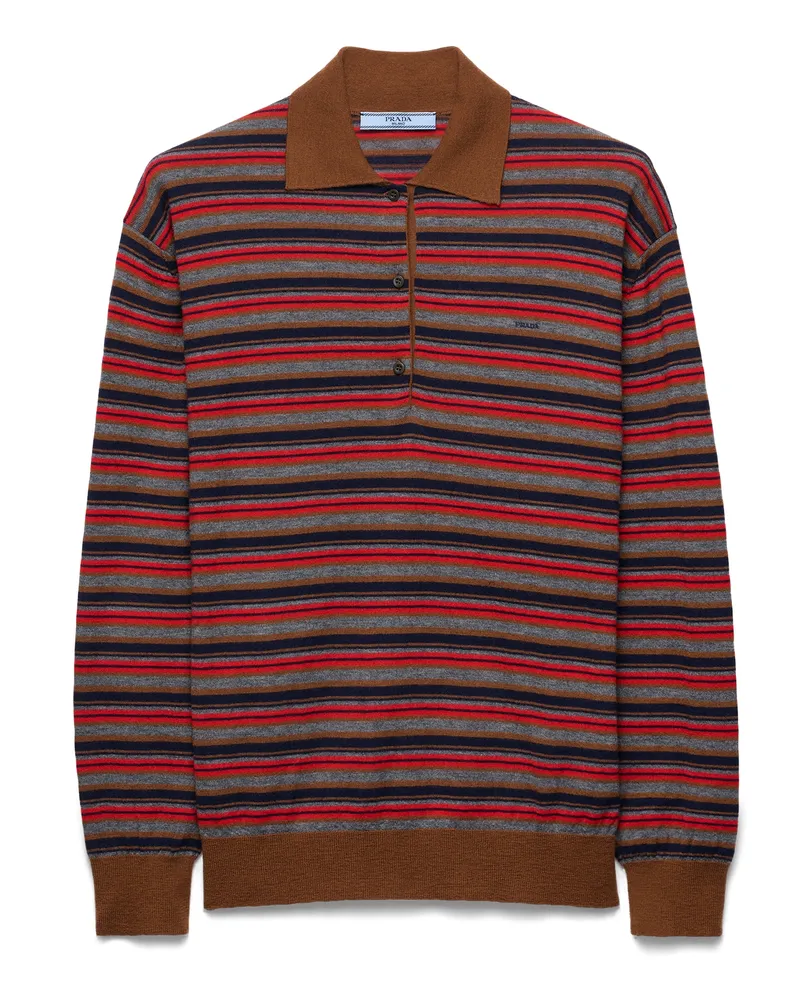Prada Gestreifter Polo-pullover Aus Kaschmir, Damen, Tabak/schiefer, Größe Tabak