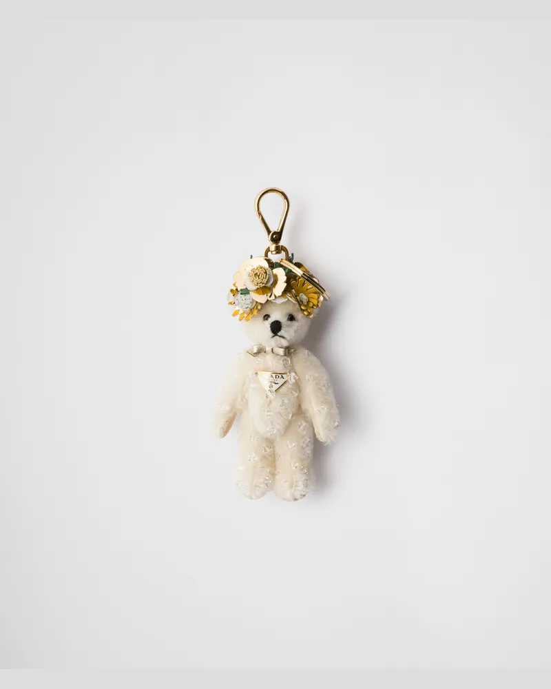 Prada Teddy-Taschenanhänger mit Ring aus Metall Weiss