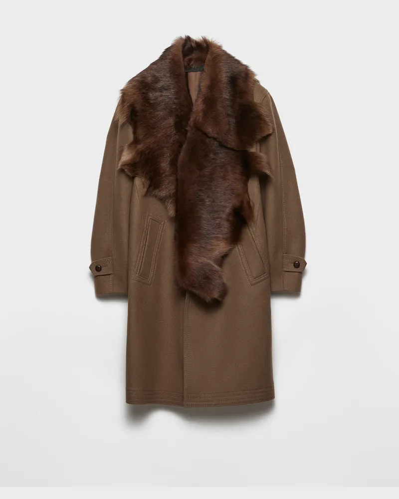 Prada Mantel aus Wolle mit Lammfellkragen Dunkelbraun