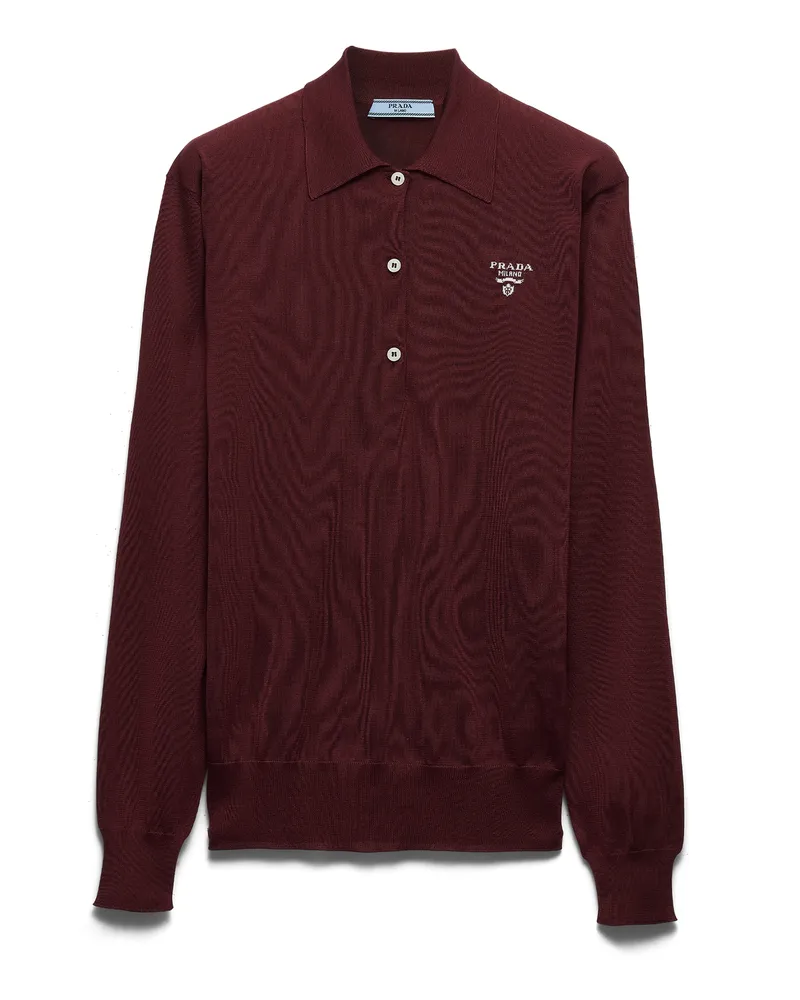 Prada Langärmliges Poloshirt Aus Seide, Damen, Amaranthrot/maisgelb, Größe Amaranthrot