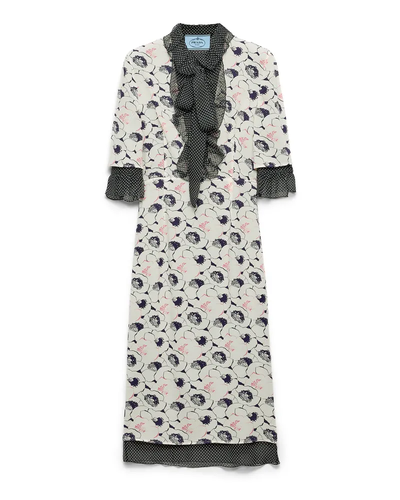 Prada Bedrucktes Kleid Aus Georgette, Damen, Elfenbein, Größe Elfenbein