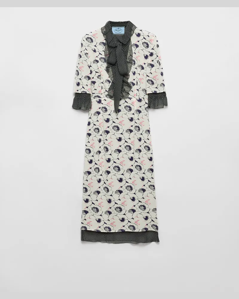 Prada Bedrucktes Kleid aus Georgette Elfenbein