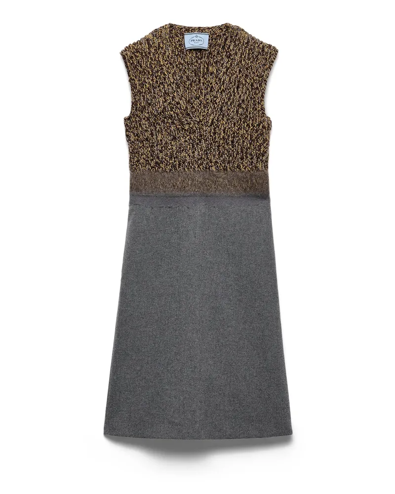Prada Kleid Mit V-ausschnitt Aus Shetlandwolle Und Kaschmir, Damen, Schiefergrau, Größe Schiefergrau