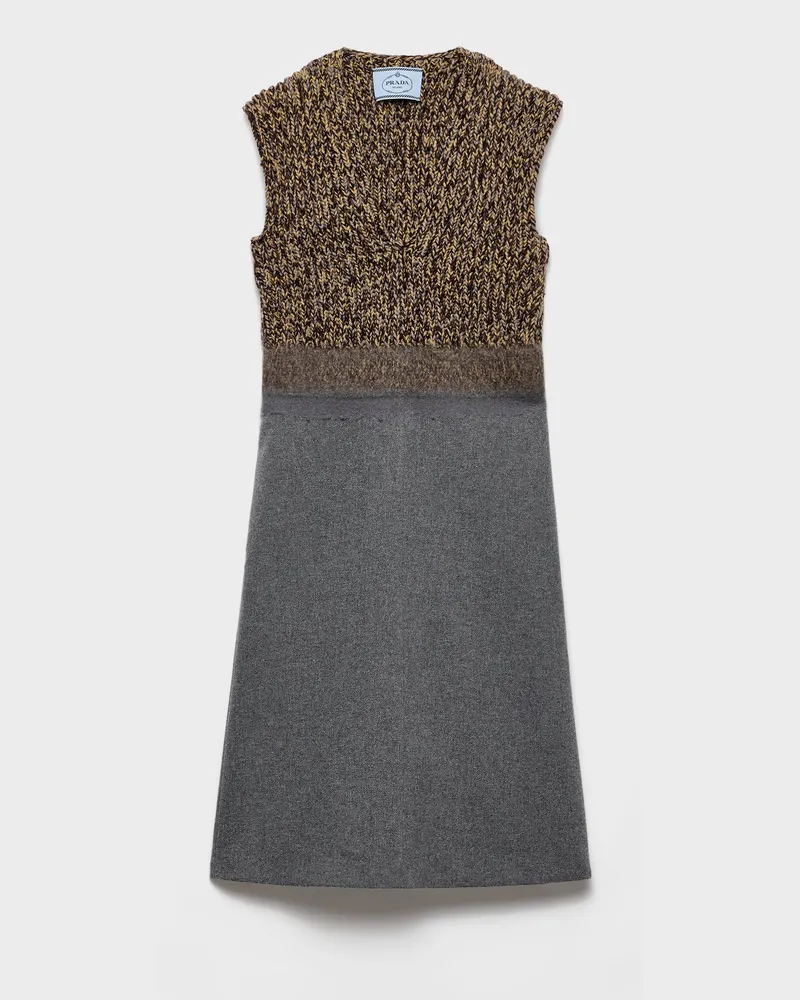 Prada Kleid mit V-Ausschnitt aus Shetlandwolle und Kaschmir Schiefergrau
