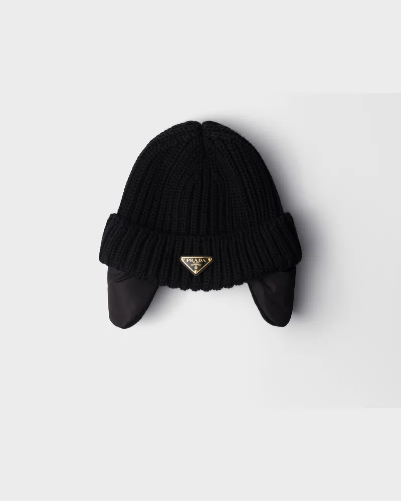 Prada Mütze aus Re-Nylon und Strick Schwarz