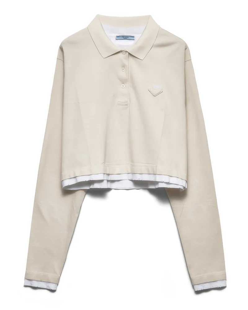 Prada Langärmliges Poloshirt Aus Piqué Und Jersey, Damen, Kalkweiss, Größe Kalkweiss