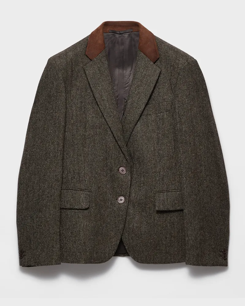 Prada Einreihige Jacke aus Shetlandwolle mit Fischgrätmuster Ebenholz