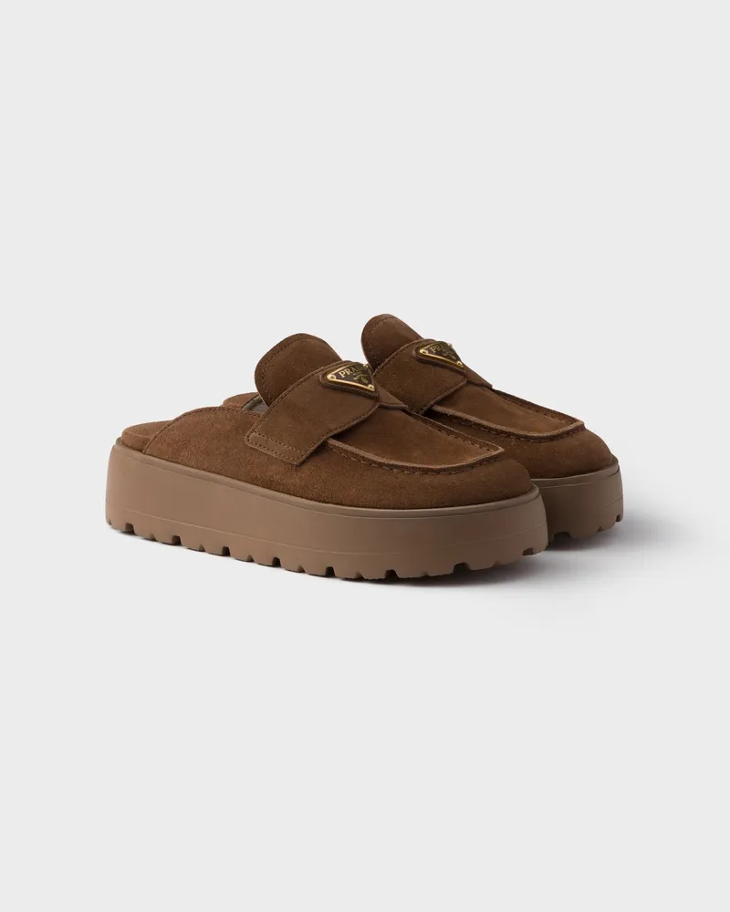 Prada Mules aus Wildleder mit Plateau Kakaobraun