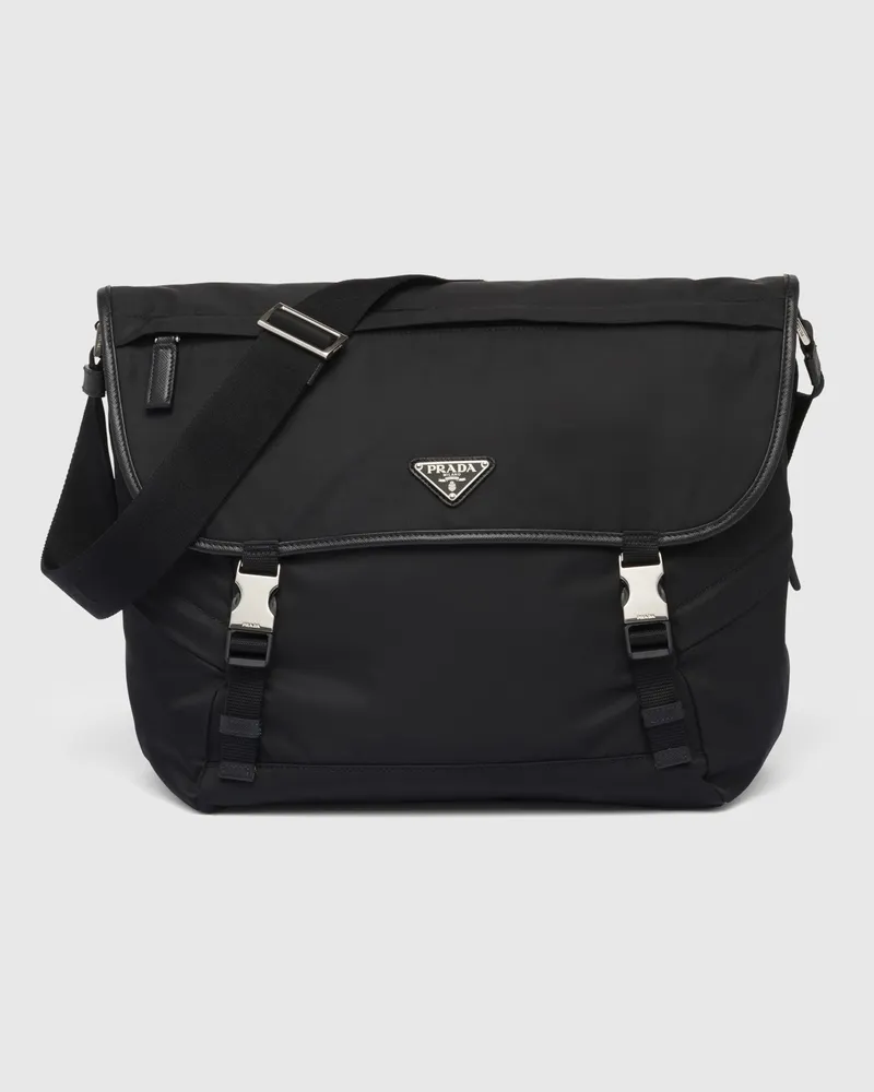 Prada Schultertasche aus Re-Nylon und Saffiano-Leder Schwarz