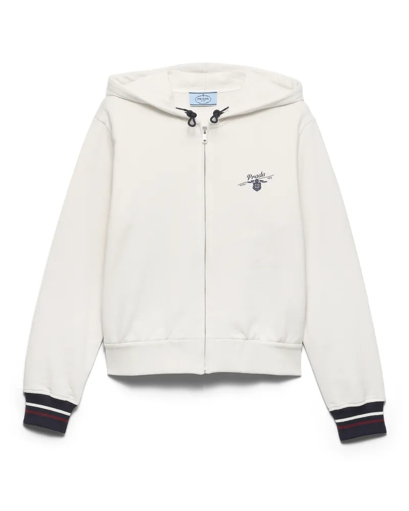 Prada Kapuzenjacke Aus Baumwollfleece Mit Reißverschluss, Damen, Kalkweiss, Größe Kalkweiss