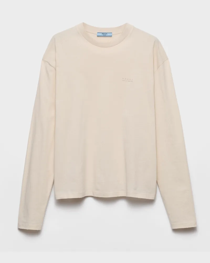 Prada Langärmliges T-Shirt aus Baumwoll-Jersey Kalk