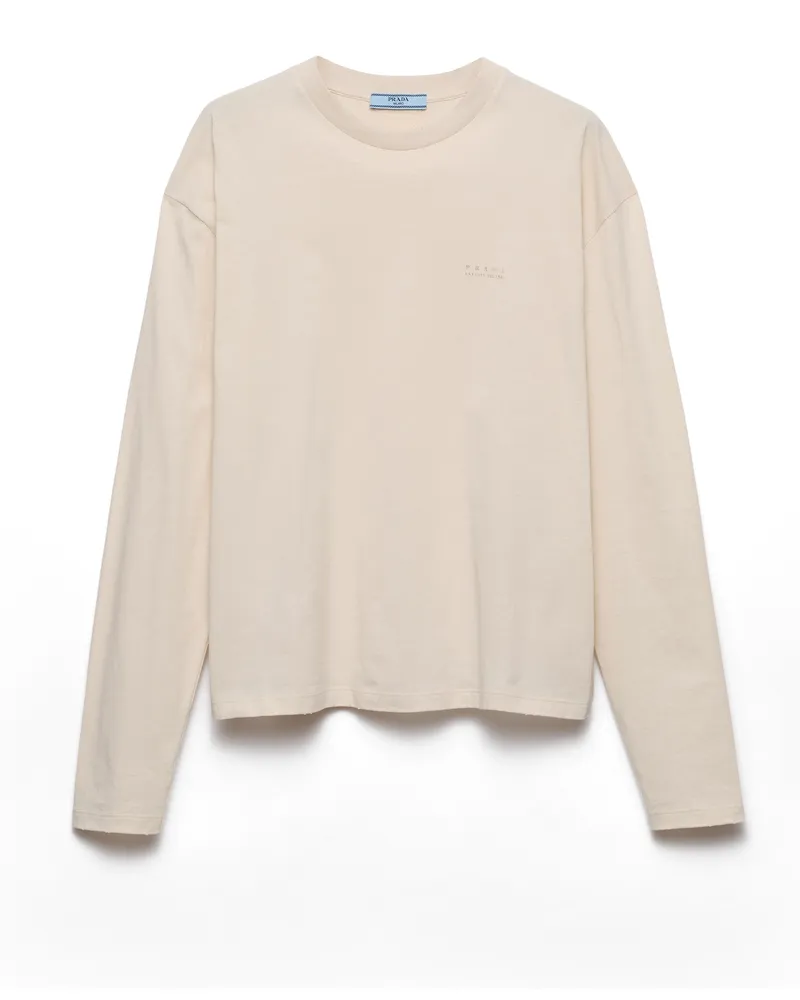 Prada Langärmliges T-shirt Aus Baumwoll-jersey, Damen, Kalk, Größe Kalk