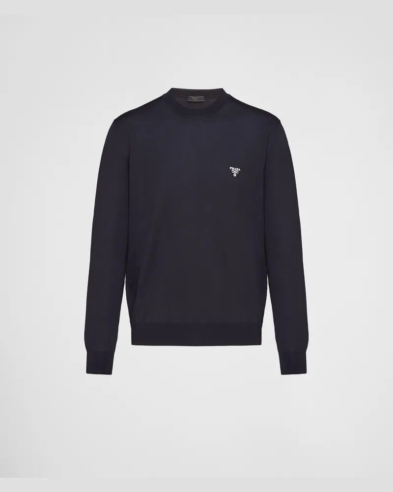 Prada Rundhalspullover aus superfeiner Wolle Blau