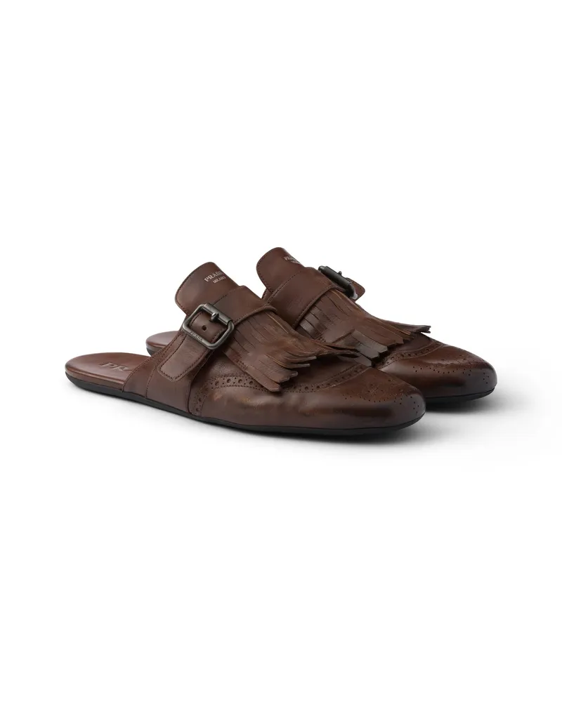 Prada Shuffle Mules Aus Leder In Antik-optik Mit Riemen, Schließe Und Fransen, Herren, Cognac, Größe 7 Cognac