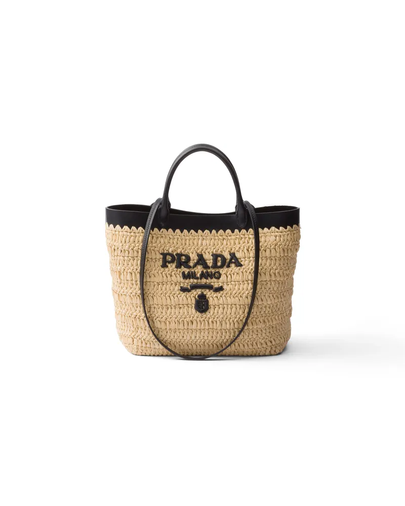 Prada Kleine Tote Bag Aus Häkelarbeit Und Leder, Damen, Hellbraun/schwarz Hellbraun