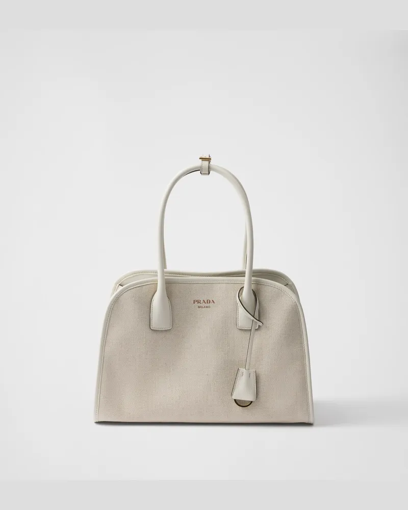Prada Mittelgroße Tote Bag aus Leinenmischgewebe und Leder Hellbraun