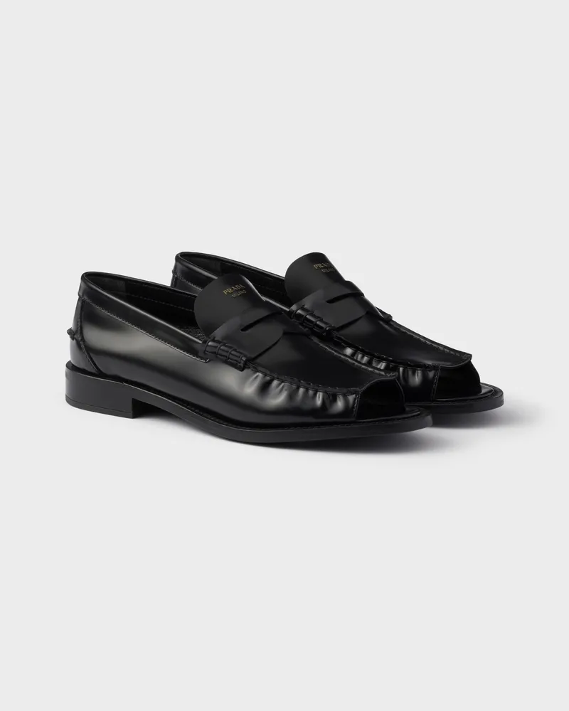 Prada Loafer aus gebürstetem Leder mit Peeptoe Schwarz
