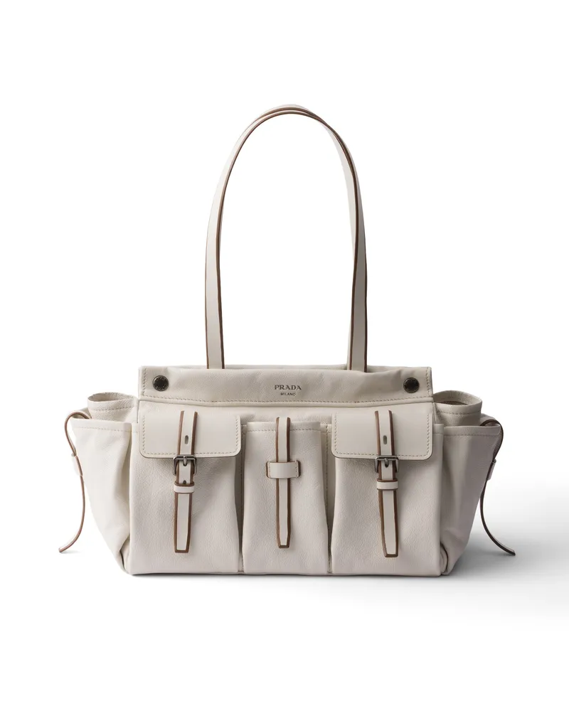 Prada Große  Route Tote-bag Aus Leder, Damen, Kalkweiss Kalkweiss