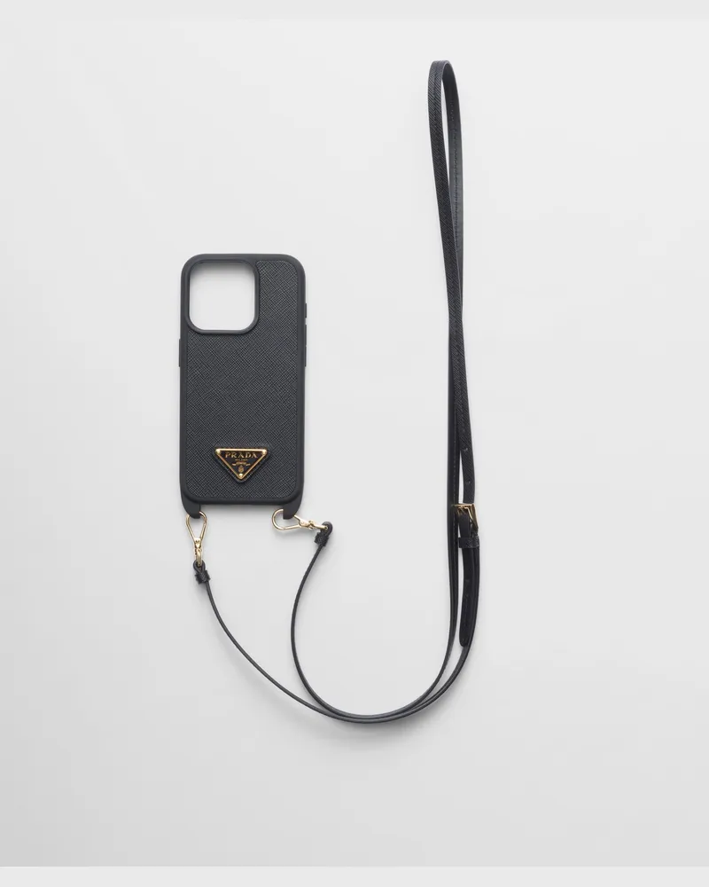 Prada iPhone-15-Pro-Hülle aus Saffiano-Leder Schwarz