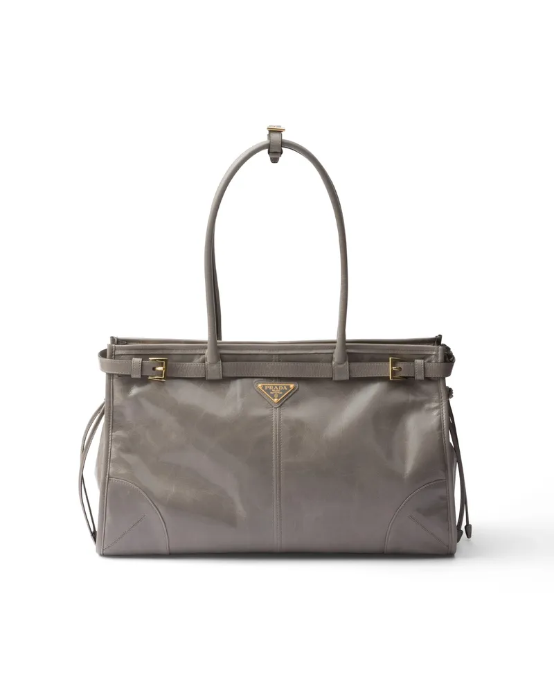 Prada Bonnie Große Handtasche Aus Leder, Damen, Zinngrau Zinngrau