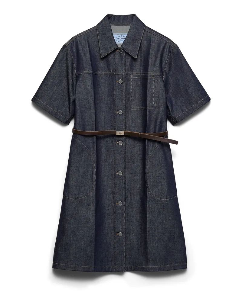 Prada Blusenkleid Aus Denim Mit Gürtel, Damen, Blau, Größe Blau