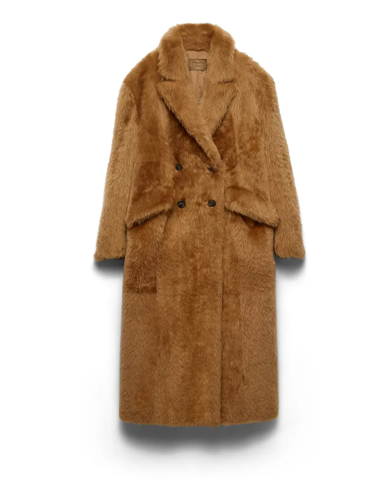 Prada Doppelreihiger Mantel Aus Lammfell, Damen, Tabak, Größe Tabak