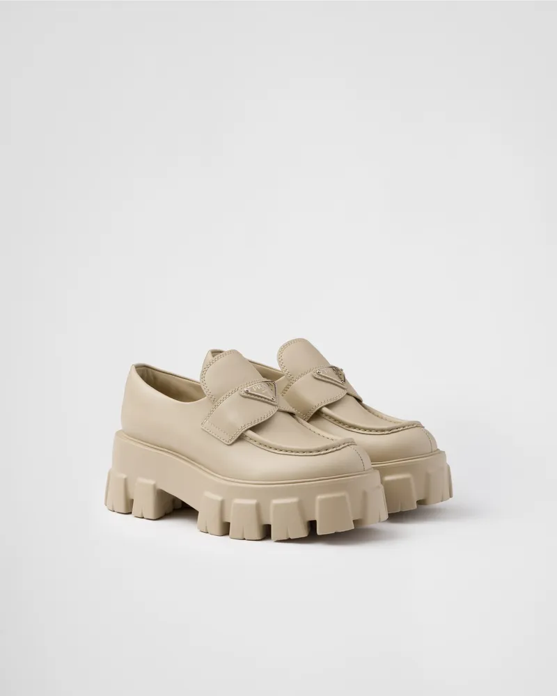 Prada Monolith Mokassins aus gebürstetem Leder Wüstenbeige