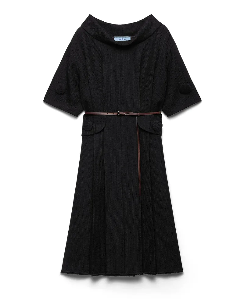 Prada Kurzarmkleid Aus Wollgemisch Mit Chevron-muster Und Gürtel, Damen, Schwarz, Größe Schwarz