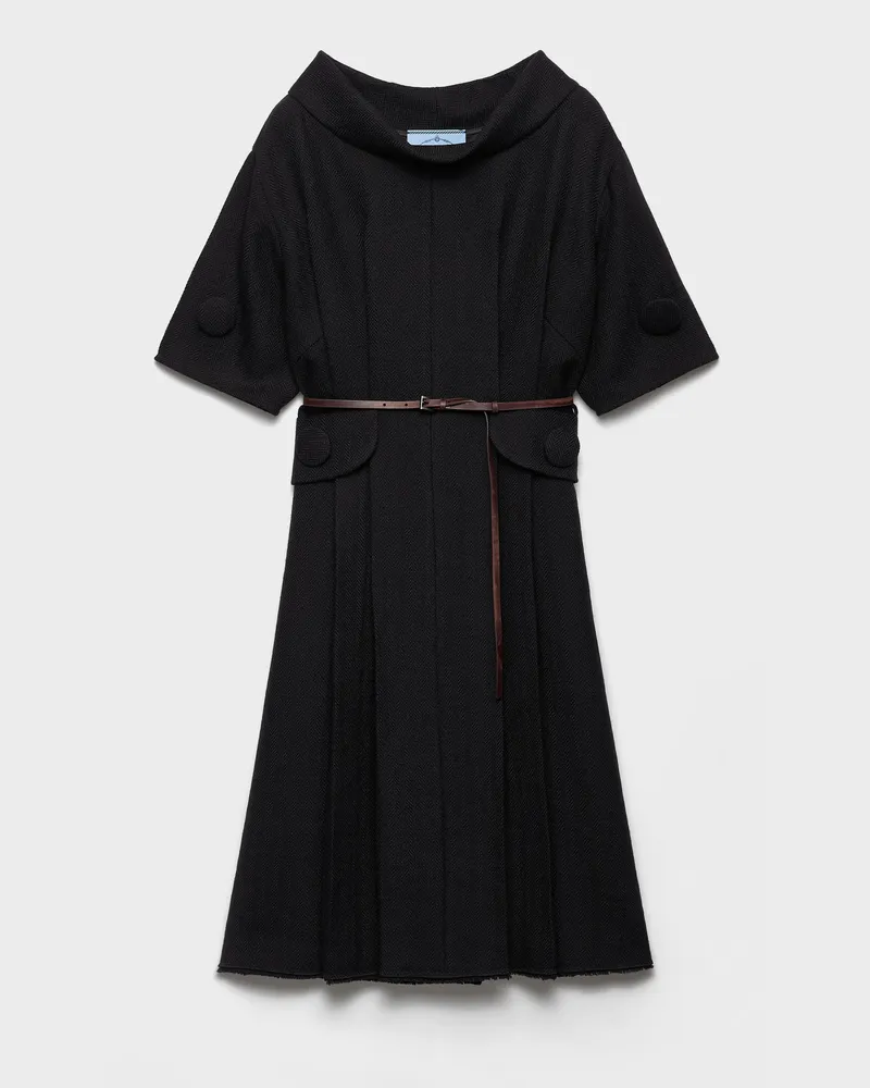 Prada Kurzarmkleid aus Wollgemisch mit Chevron-Muster und Gürtel Schwarz