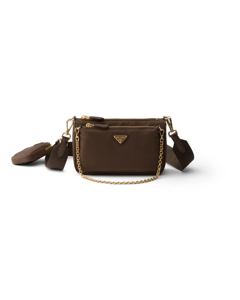 Prada Mini-schultertasche Aus Re-nylon Und Saffiano-leder, Damen, Warmes Braun Warmes