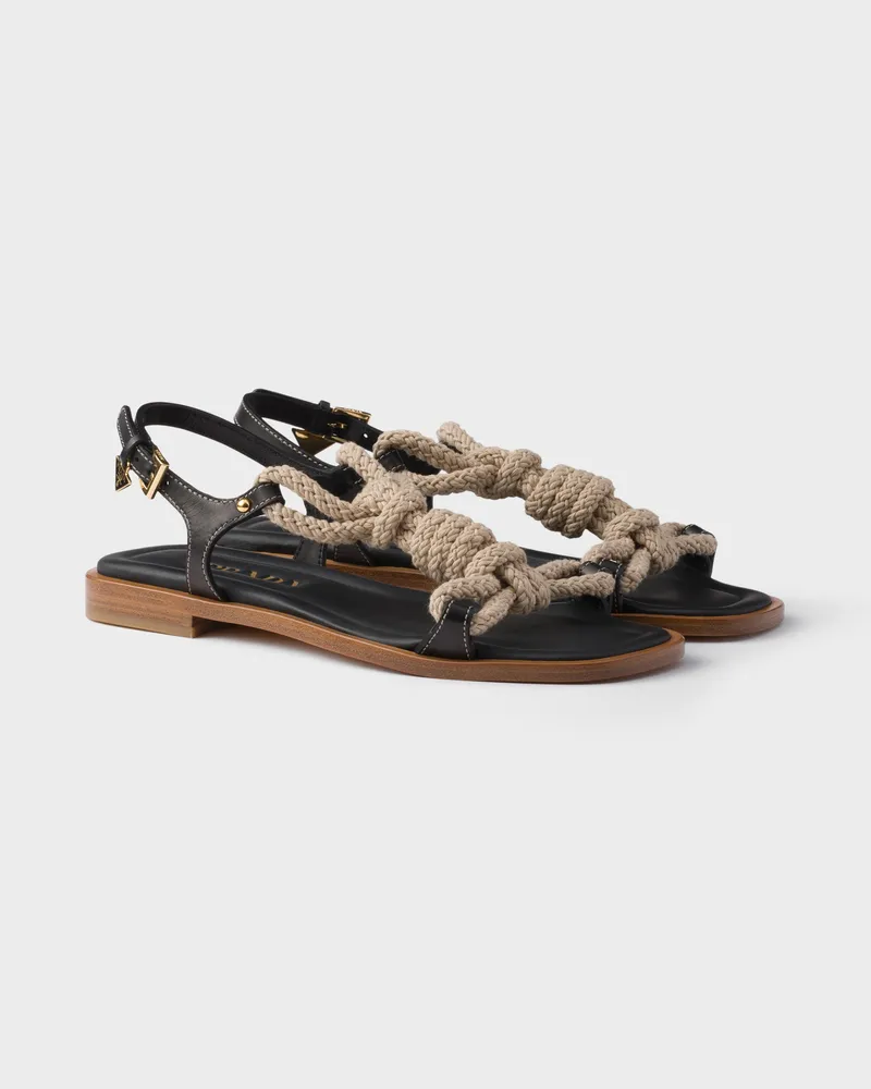 Prada Flache Sandalen aus Leder und Kordel Schwarz