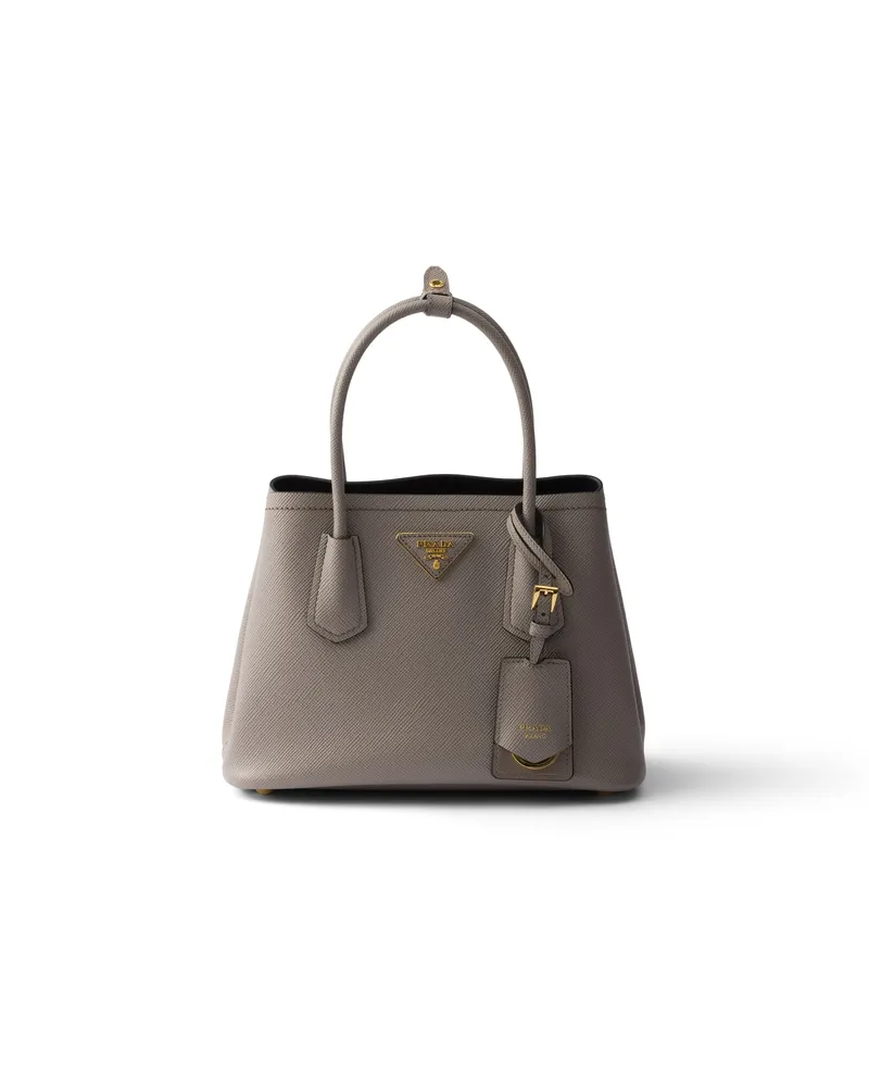 Prada Kleine  Double Tasche Aus Saffiano-leder, Damen, Lehmgrau/schwarz Lehmgrau