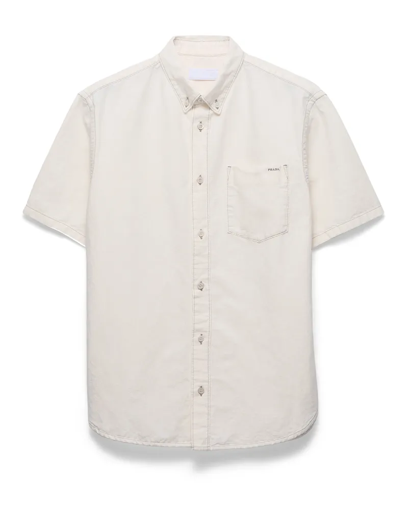 Prada Kurzärmliges Hemd Aus Chambray, Herren, Ecru, Größe Ecru