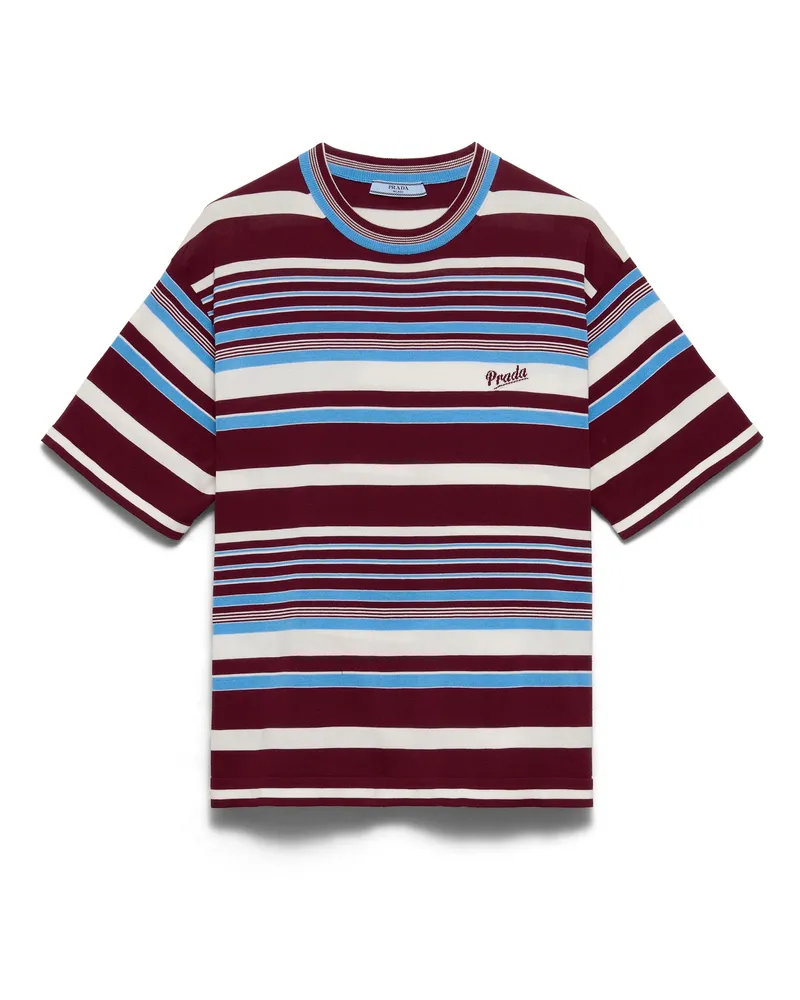 Prada Gestreifter Rundhalspullover Aus Baumwolle, Damen, Amaranth/hellblau, Größe Amaranth