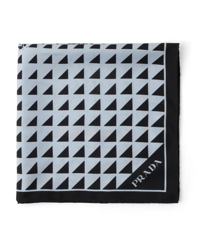 Prada Schal Aus Seidentwill Mit Print, 55 x 55, Damen, Schwarz/himmelblau Schwarz
